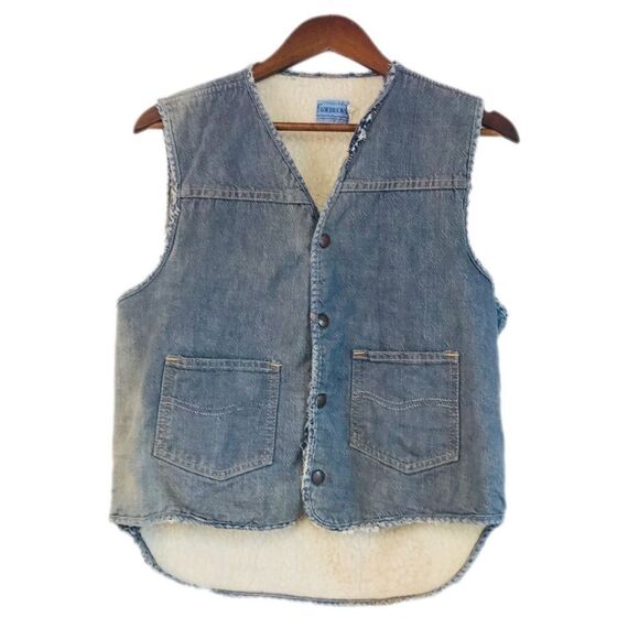 VINTAGE Sears Roebuck Denim Trucker Vest Sherpa Distressed Destroyed Retro Large - Picture 1 of 16